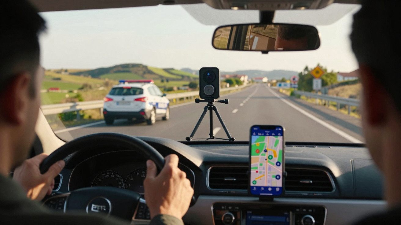 Motorista dirigindo em estrada com carro de polícia e smartphone com mapa no painel.