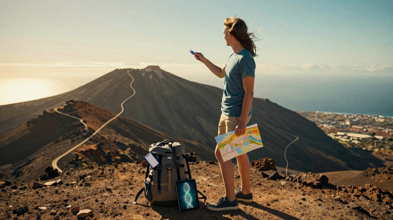 Jovem com mochila e mapa tira foto em área montanhosa árida com estrada sinuosa e mar ao fundo.
