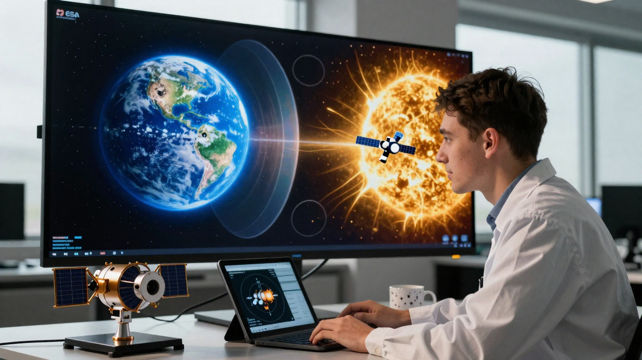 Homem com jaleco branco trabalhando em computador com modelo de satélite e imagem da Terra e Sol ao fundo.
