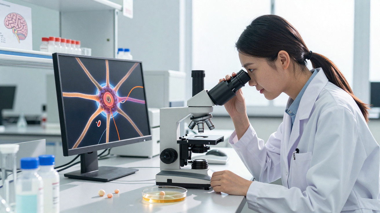 Cientista observa neurônio através de microscópio em laboratório moderno com tela de computador ao fundo.
