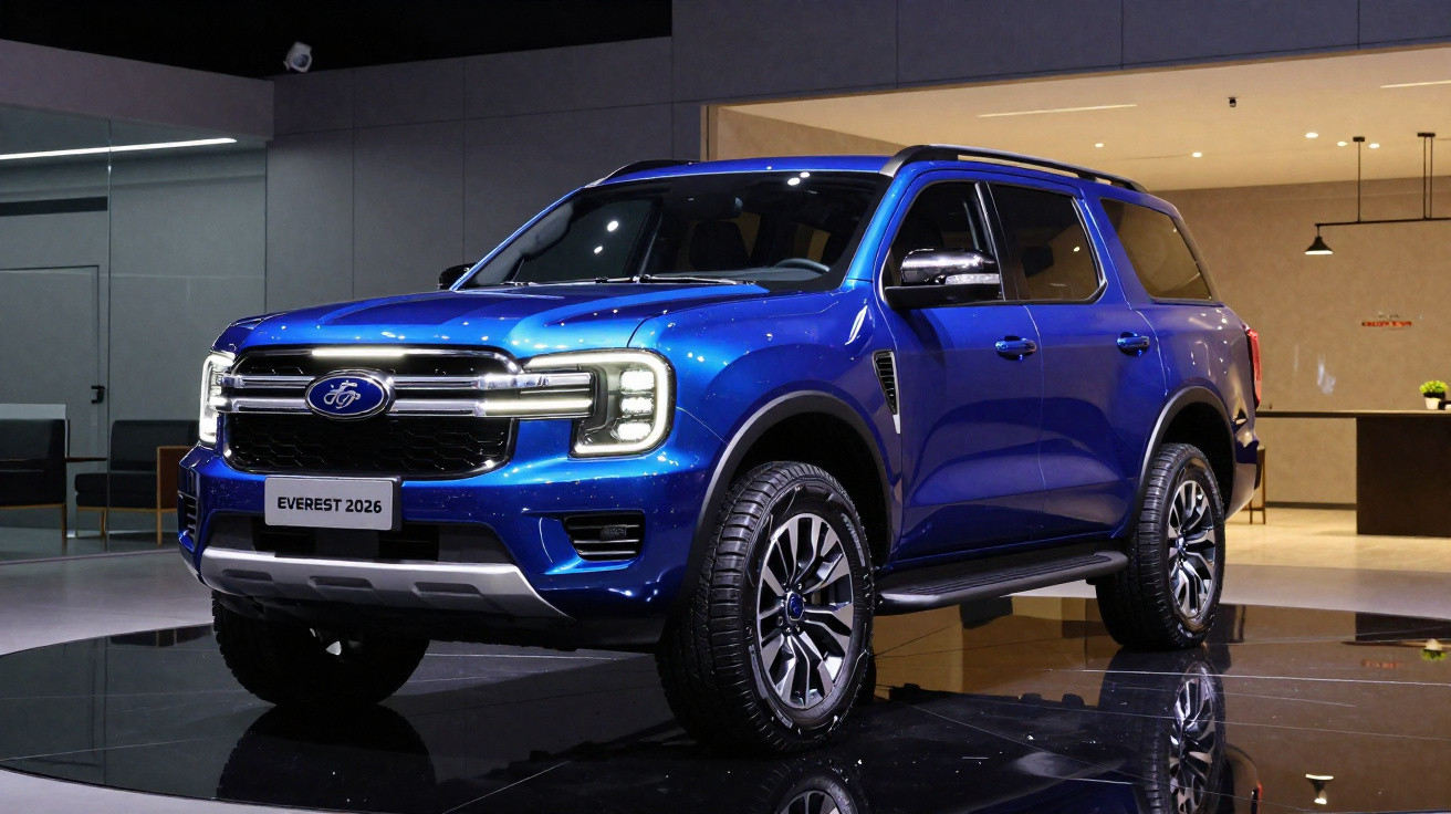 SUV Ford Everest 2026 azul em ambiente interno, com faróis acesos e rodas robustas.