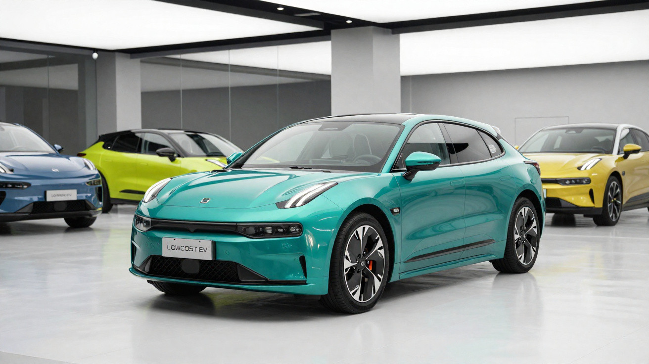 Carro elétrico azul turquesa em showroom moderno com outros carros coloridos ao fundo.