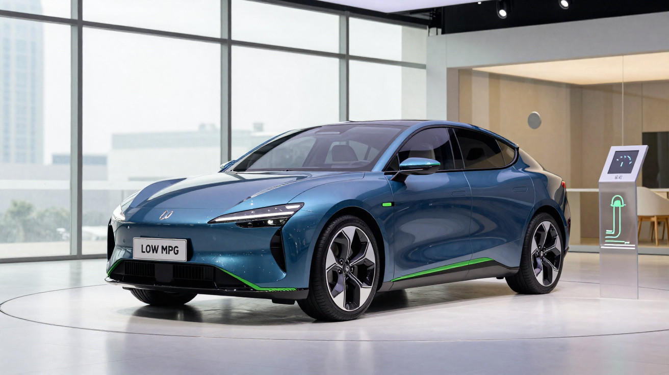 Carro elétrico azul exibido em salão moderno com janelas grandes e painel digital ao lado.
