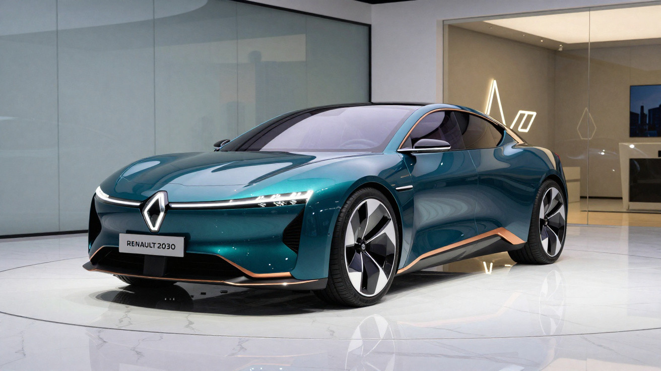Carro conceito Renault 2030 verde metálico com detalhes dourados exposto em ambiente moderno e iluminado.
