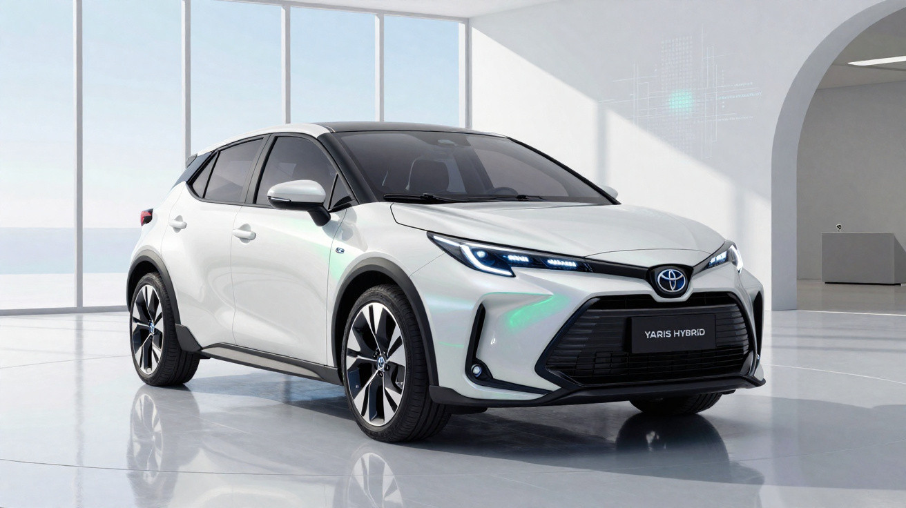 Carro Toyota Yaris Hybrid branco estacionado em ambiente moderno com paredes e piso claros.