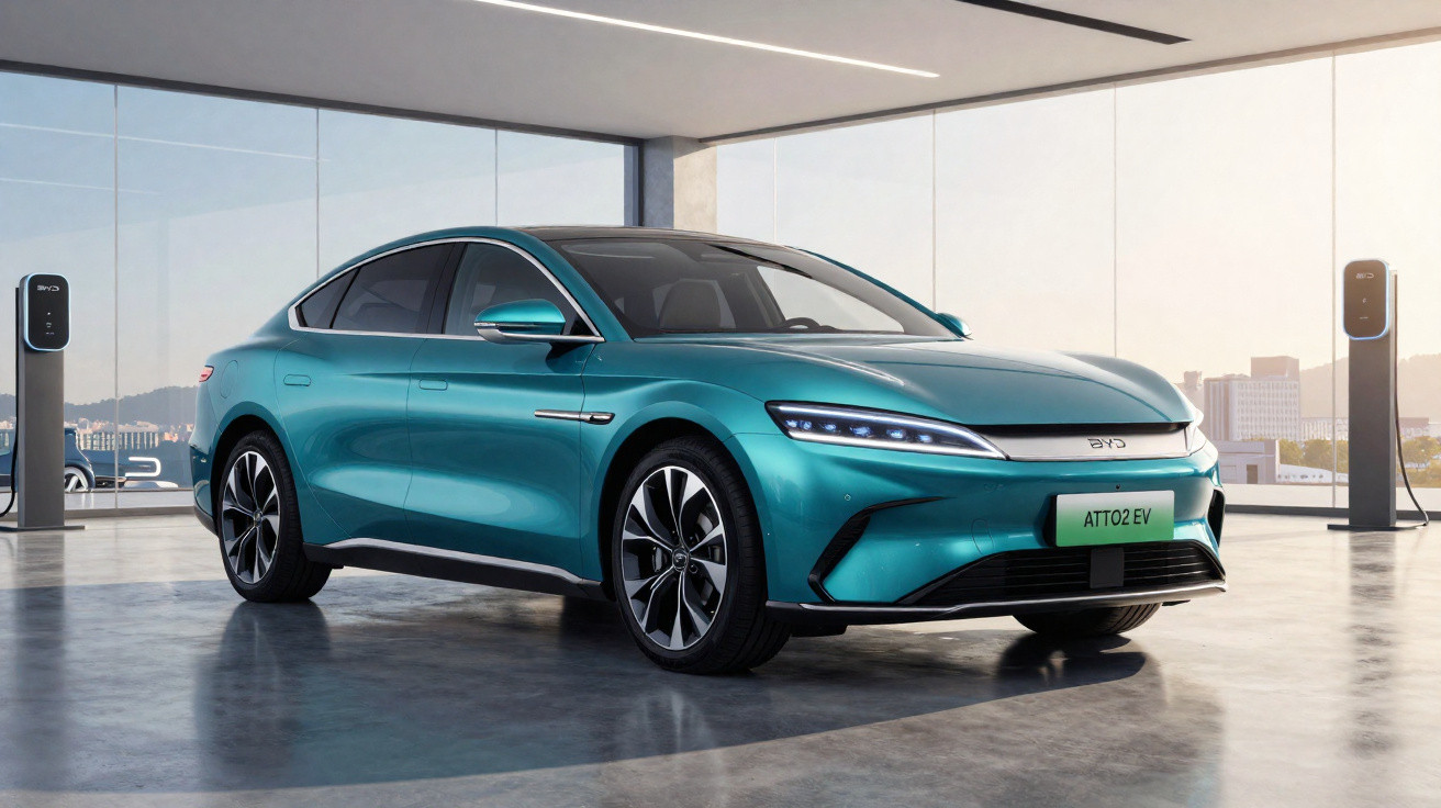 Carro elétrico verde BYD ATTO2 EV estacionado em garagem moderna com carregador ao fundo.