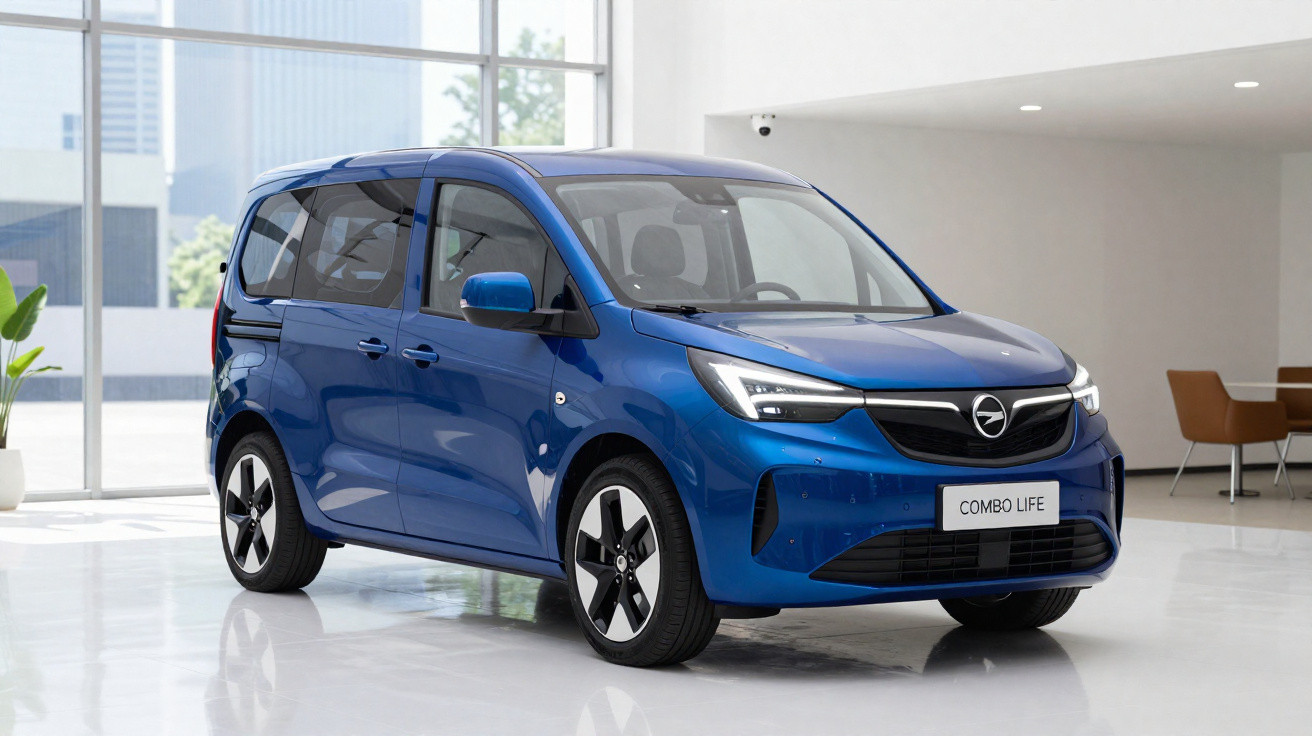 Carro furgão Opel Combo Life azul estacionado em espaço interno moderno com janelas grandes.
