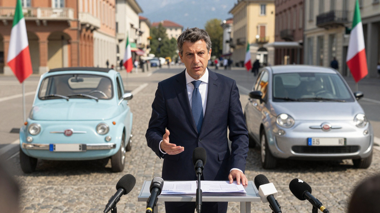 Homem em terno faz pronunciamento ao ar livre entre dois carros Fiat e várias bandeiras da Itália ao fundo.