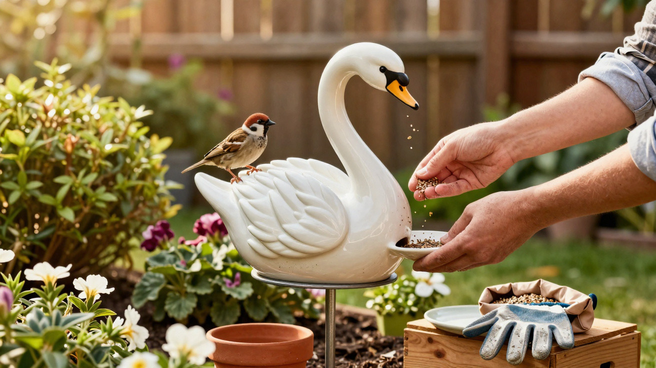 Pessoa alimentando pássaros em jardim com comedouro decorativo em formato de cisne branco.