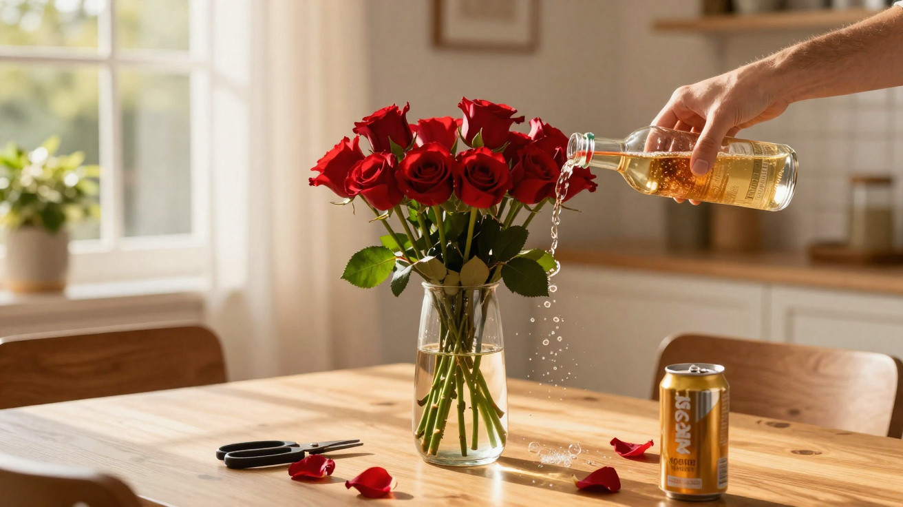 Mão derramando bebida em copo sobre mesa com vasos de rosas vermelhas, tesoura e folhas caídas.