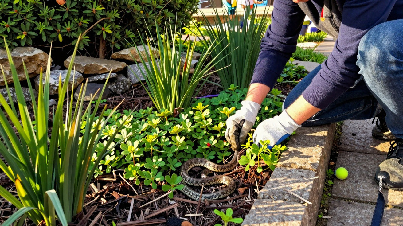 Pessoa de luvas removendo uma cobra de jardim próximo a plantas e pedras decorativas.