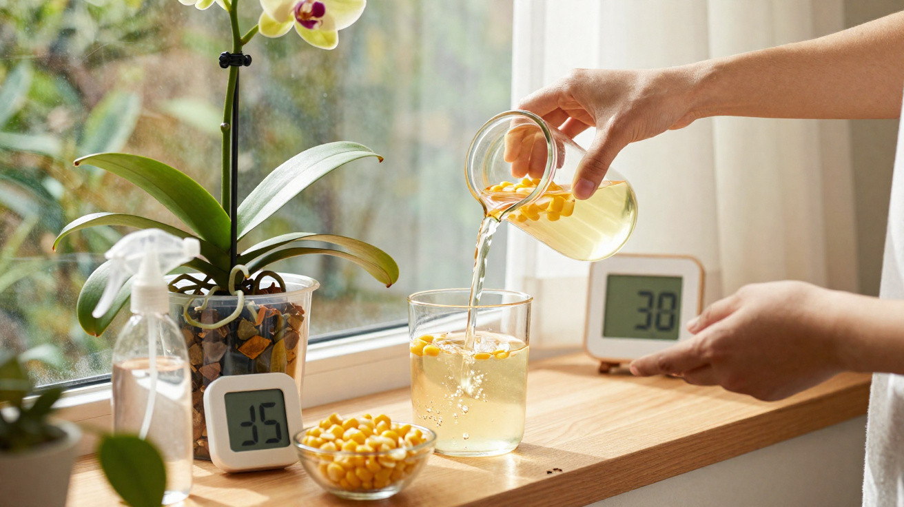 Mãos servindo chá com bolhas amarelas em copo, ao lado de orquídea em vaso, borrifador e termômetro na janela.