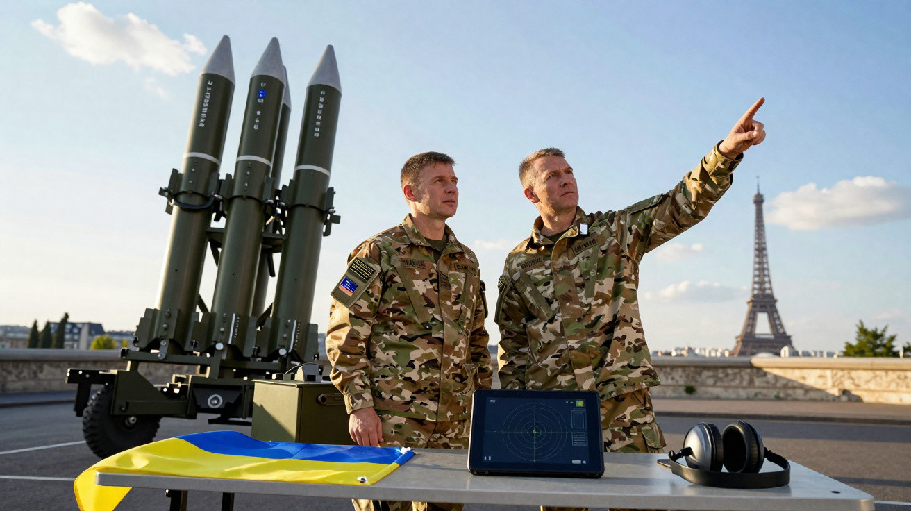 Dois soldados em uniforme camuflado observam equipamento militar com bandeira da Ucrânia e Torre Eiffel ao fundo.