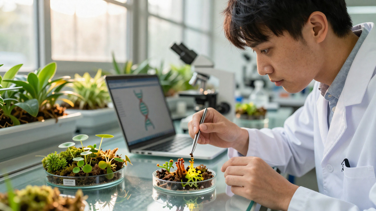 Pesquisador em laboratório analisando plantas carnívoras cultivadas em placas de Petri.