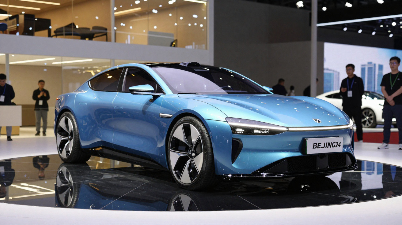 Carro elétrico esportivo azul BEIJING-E4 exposto em estande moderno com fotógrafos ao fundo.