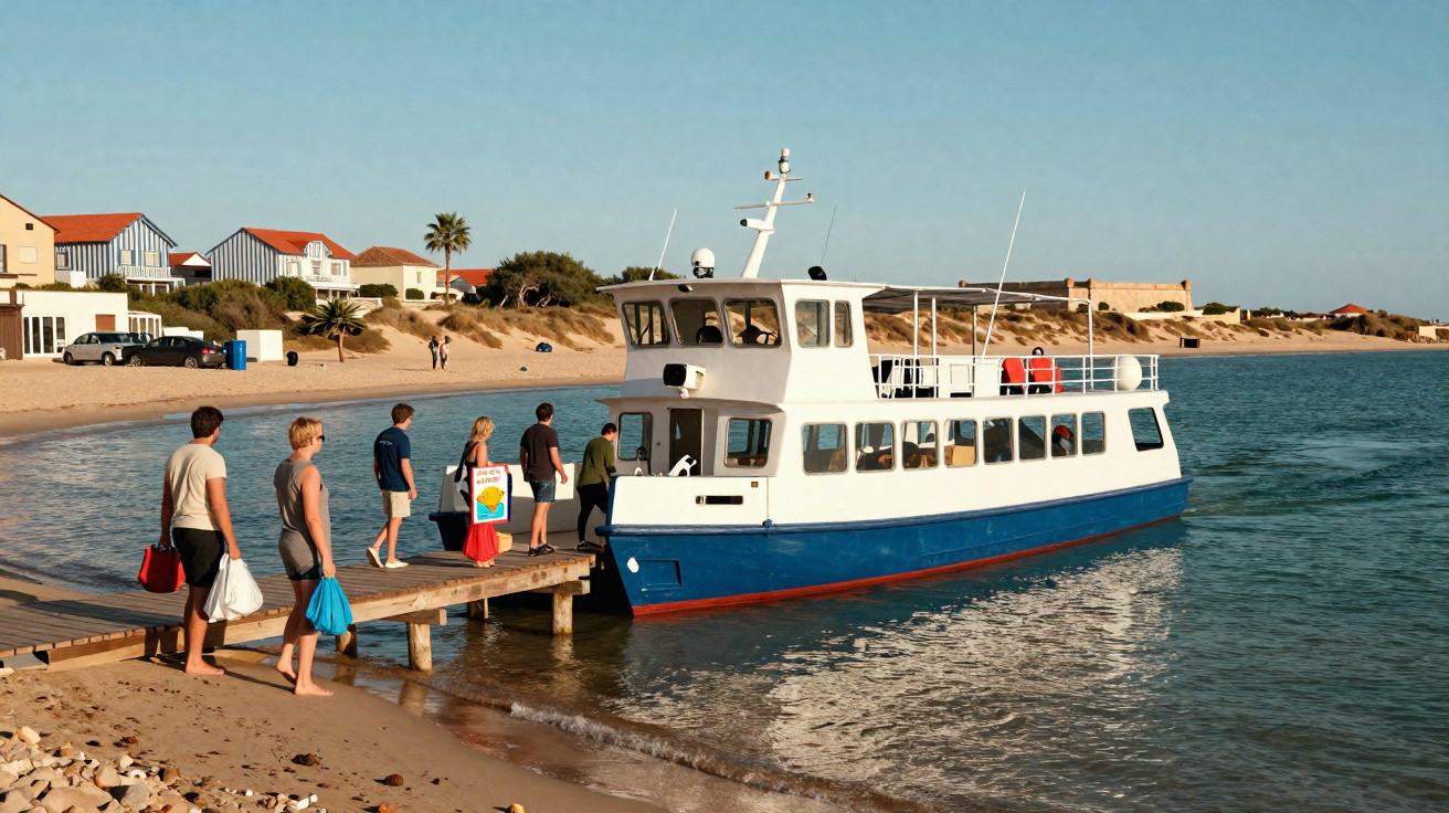 Barco atracado em píer, com pessoas embarcando, casas e praia ao fundo em dia ensolarado.