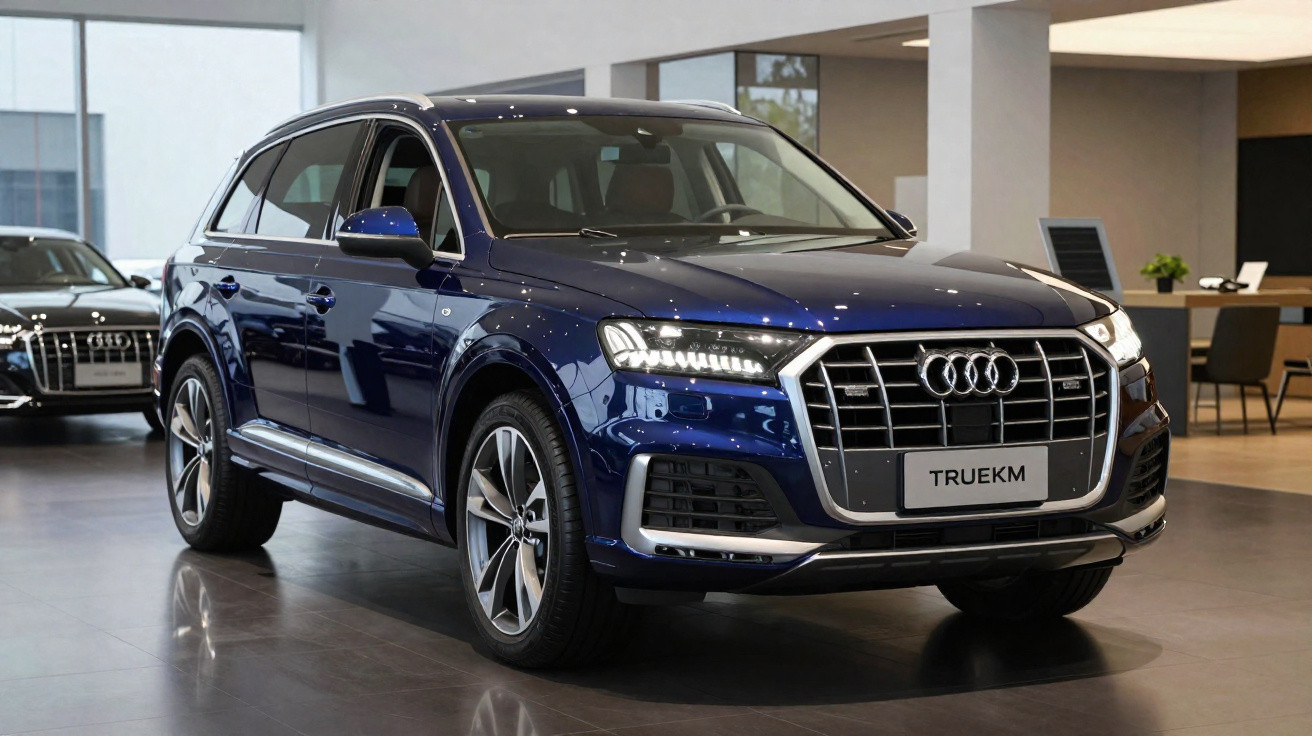 SUV Audi Q7 azul escuro exposto em showroom moderno com iluminação uniforme e piso refletivo.