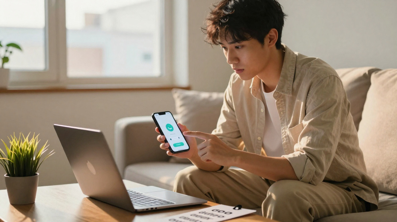 Homem sentado no sofá usando telefone celular com laptop aberto em mesa à sua frente.