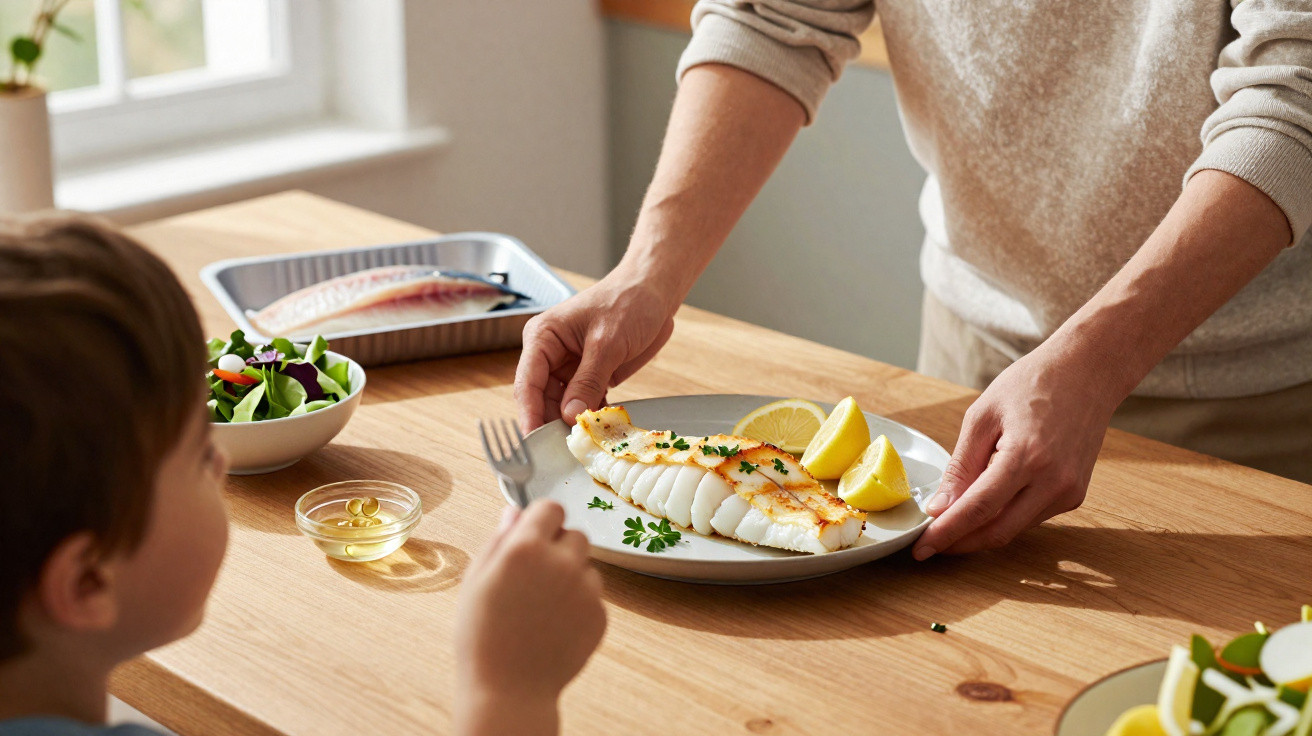 Criança sorrindo enquanto adulto serve prato com peixe grelhado e limão em cozinha iluminada.