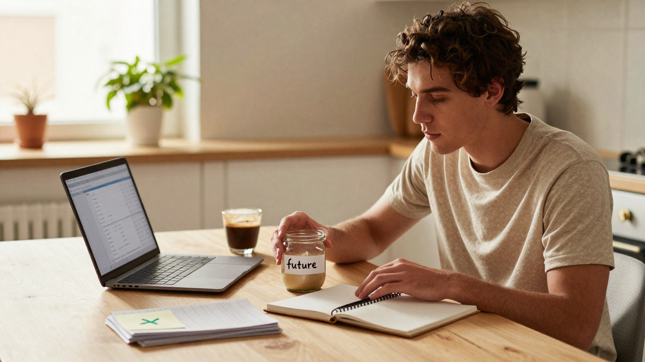 Jovem sentado à mesa com livro aberto, cofre com moedas escrito future, laptop e xícara em cozinha iluminada.