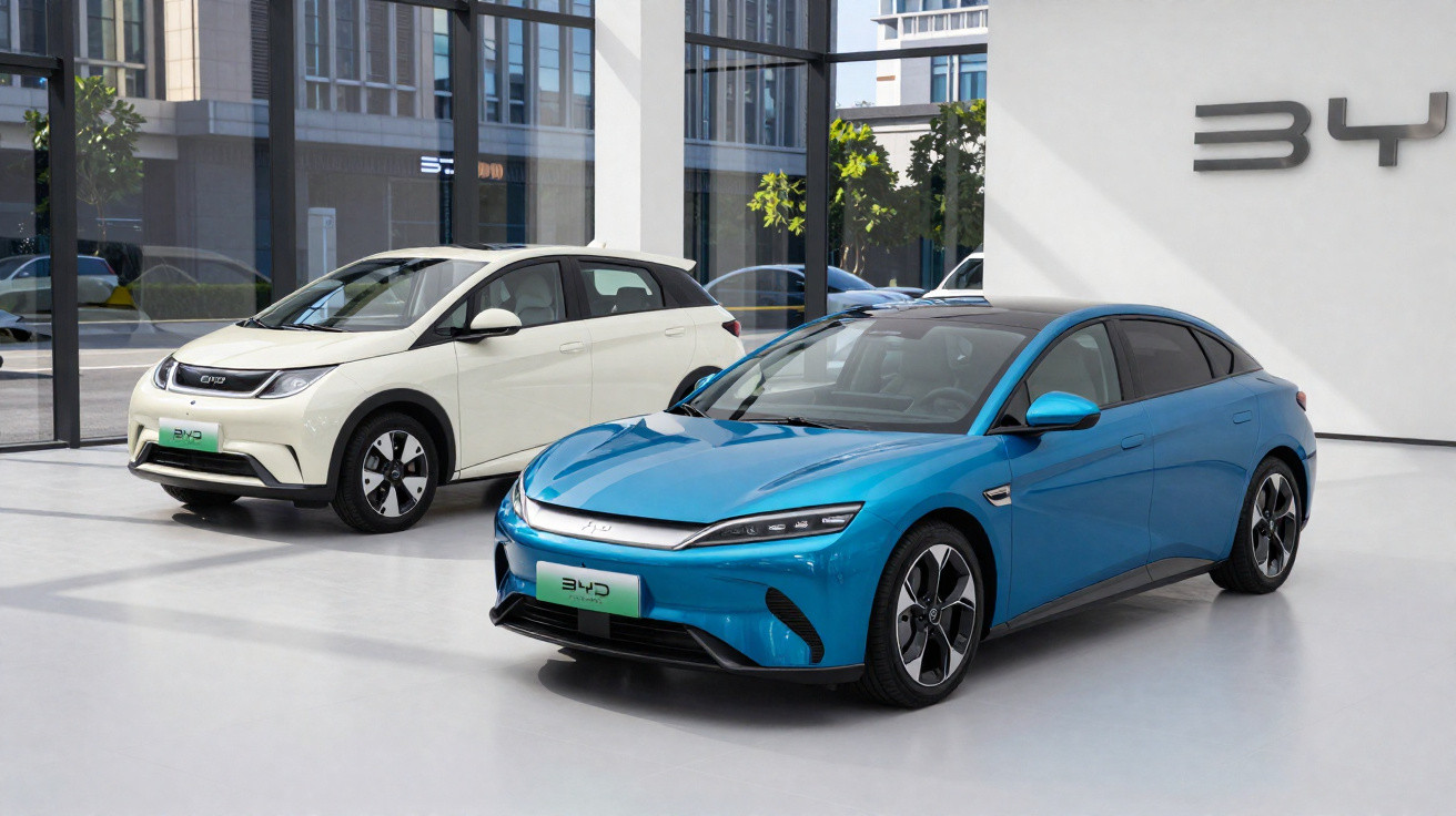 Dois carros elétricos BYD, um azul esportivo e um branco compacto, exibidos em salão moderno com vidro e prédios ao fundo.