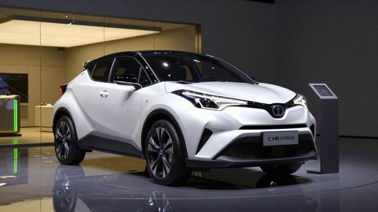 Toyota C-HR Hybrid branco com teto preto exibido em ambiente interno moderno.