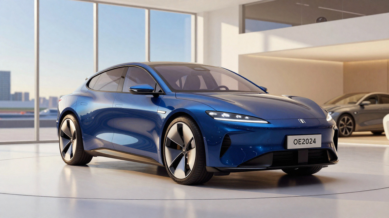 Carro elétrico esportivo azul em exibição dentro de showroom moderno e iluminado.