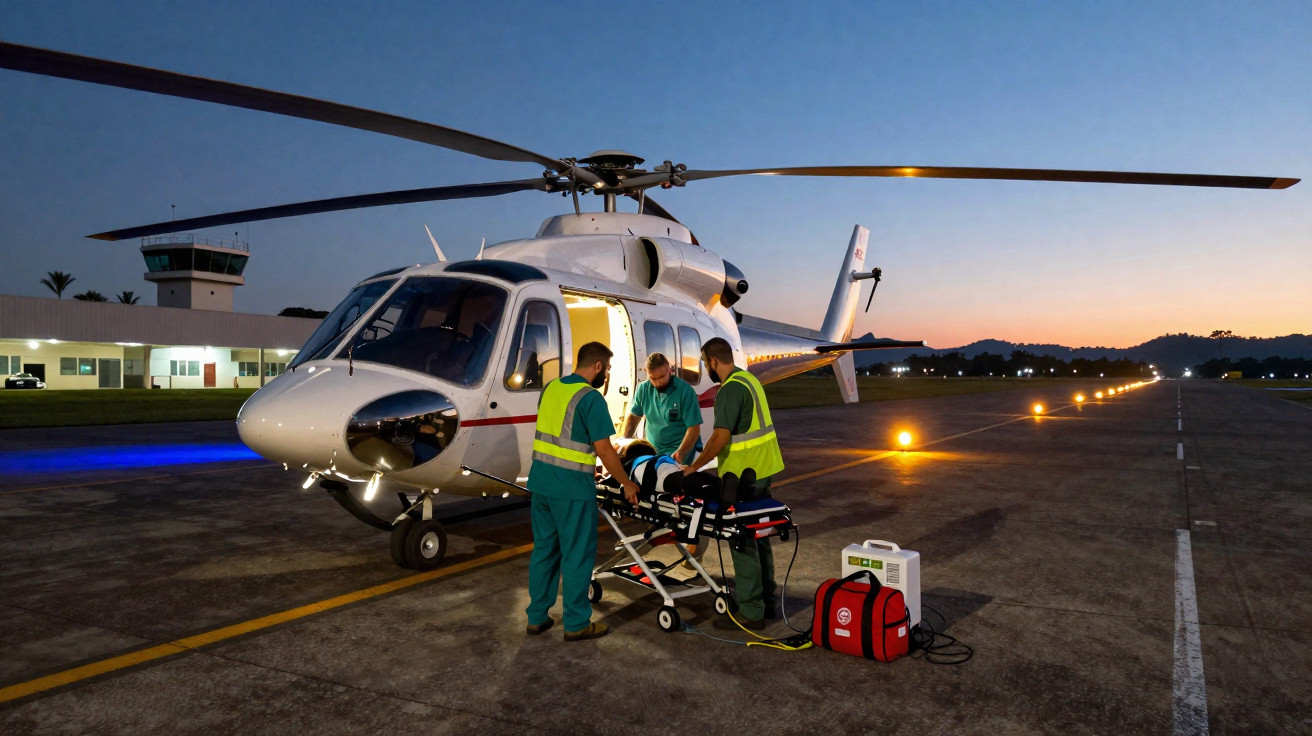 Helicóptero de resgate no aeroporto ao entardecer com paramédicos preparando maca para transporte.
