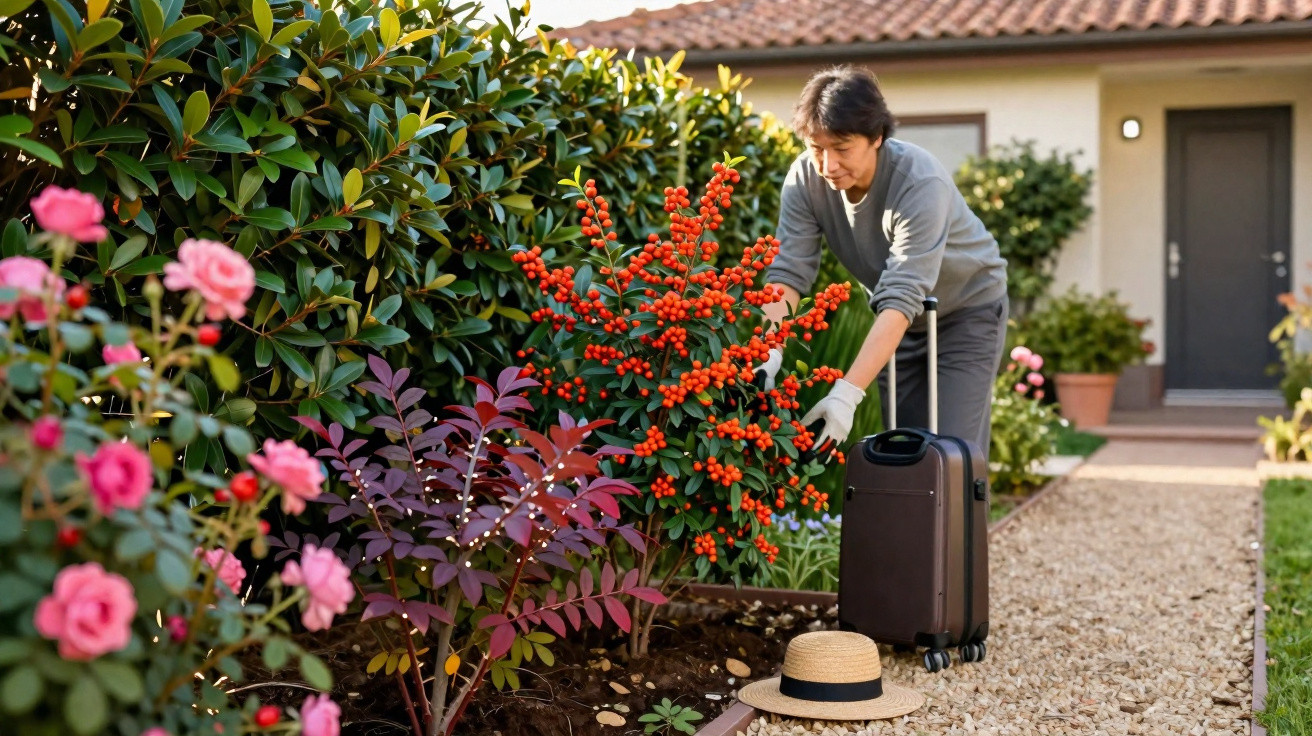 Pessoa cuidando de plantas e flores em jardim perto de casa, com chapéu e mala ao lado.