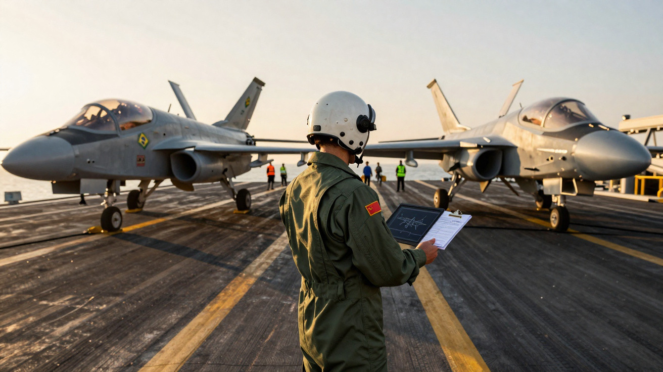 Militar com capacete e tablet em convés de porta-aviões entre dois caças estacionados ao entardecer.