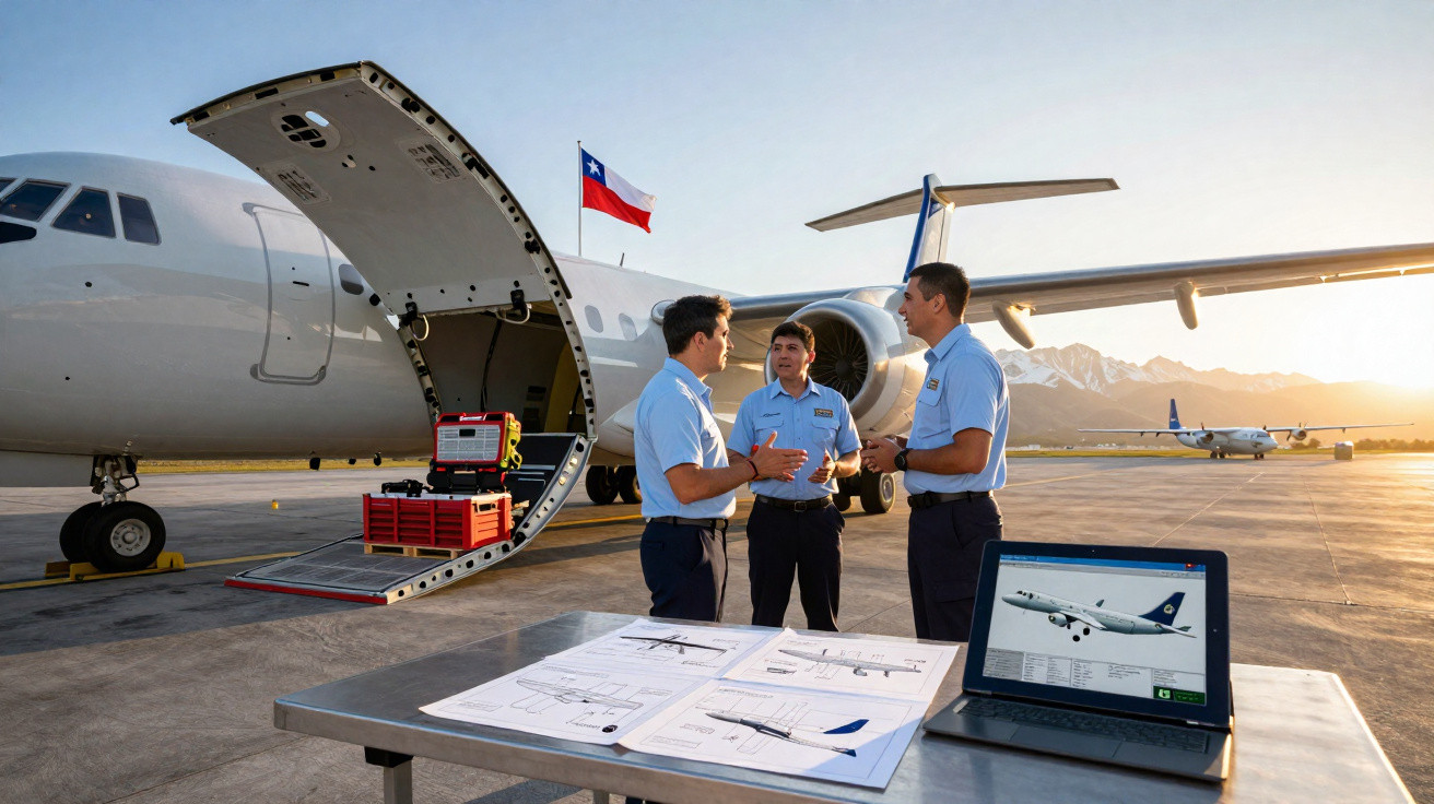 Três técnicos em uniformes conversam perto de um avião Embraer com compartimento aberto e mesa com plantas técnicas.