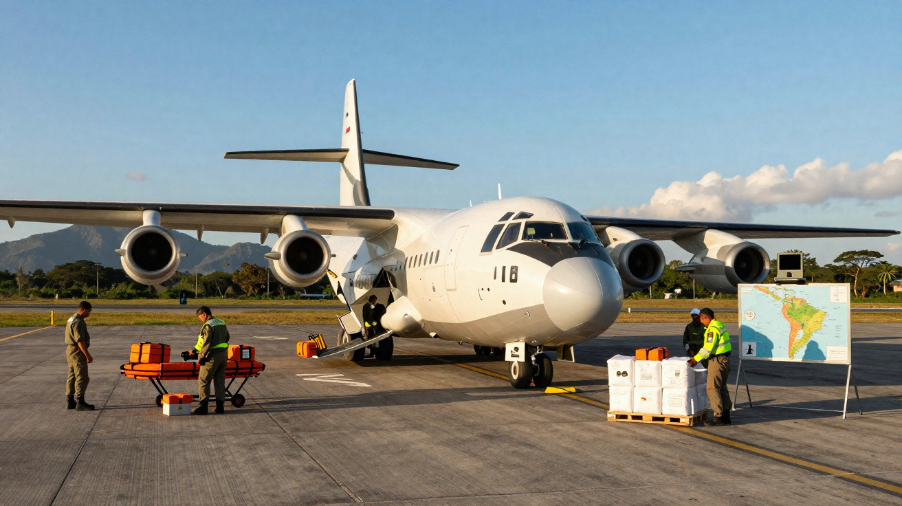 Equipe carregando suprimentos em frente a avião militar branco estacionado em pista de aeroporto.