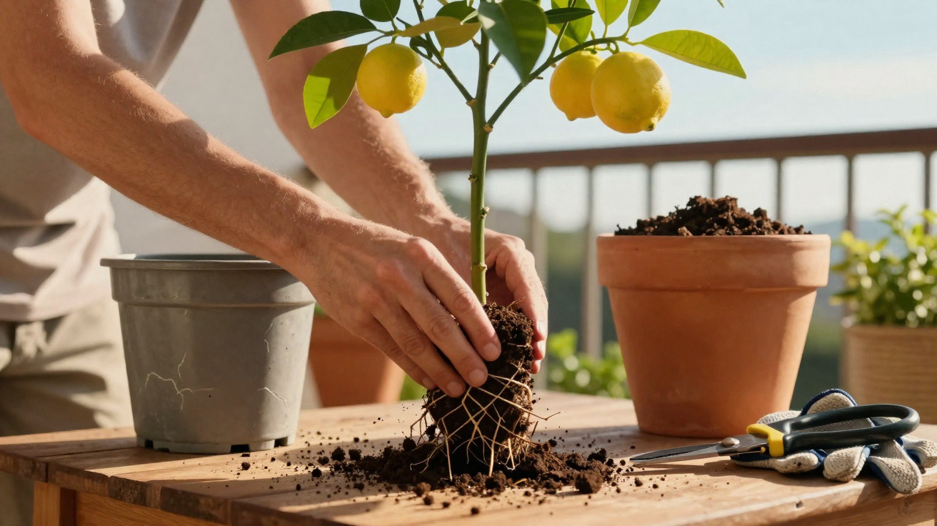 Mãos transplantando muda de limoeiro com raízes expostas em vaso sobre mesa com ferramentas e outros vasos.