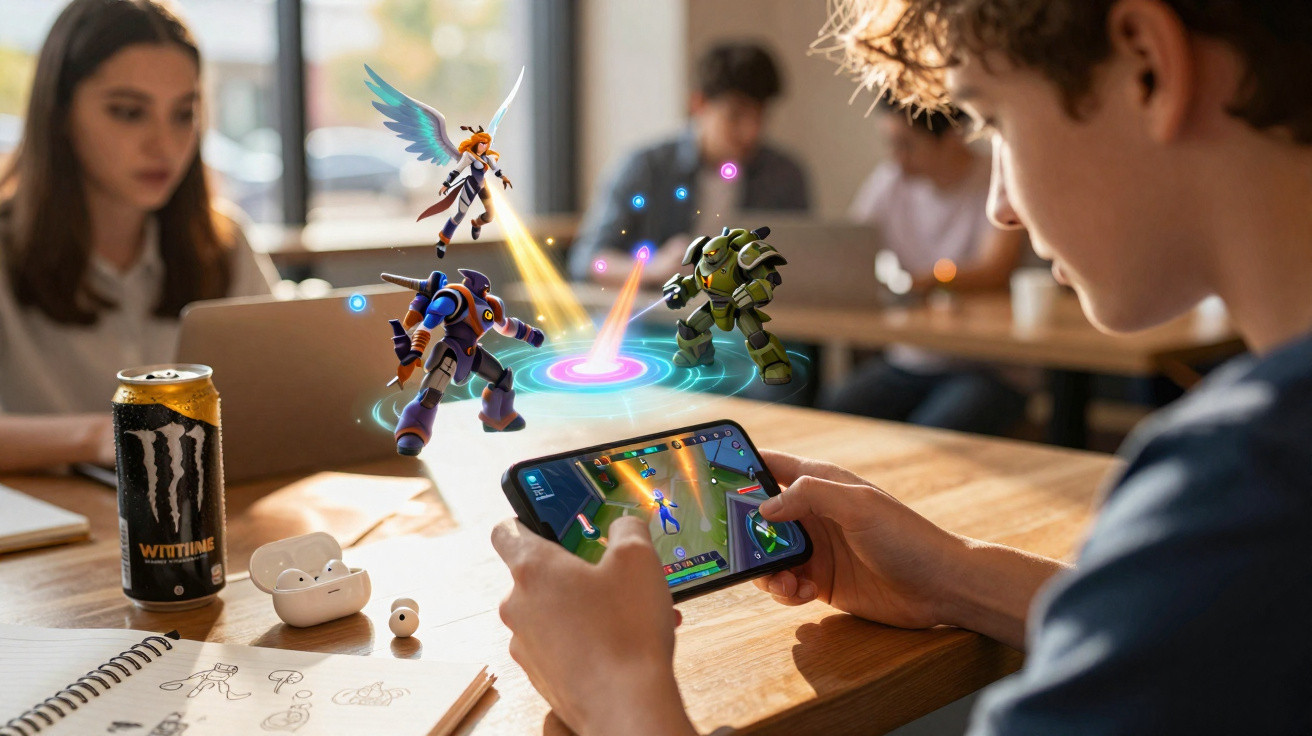 Pessoa jogando game no celular com personagens virtuais surgindo sobre a tela em café, com latas de bebida energética e fones