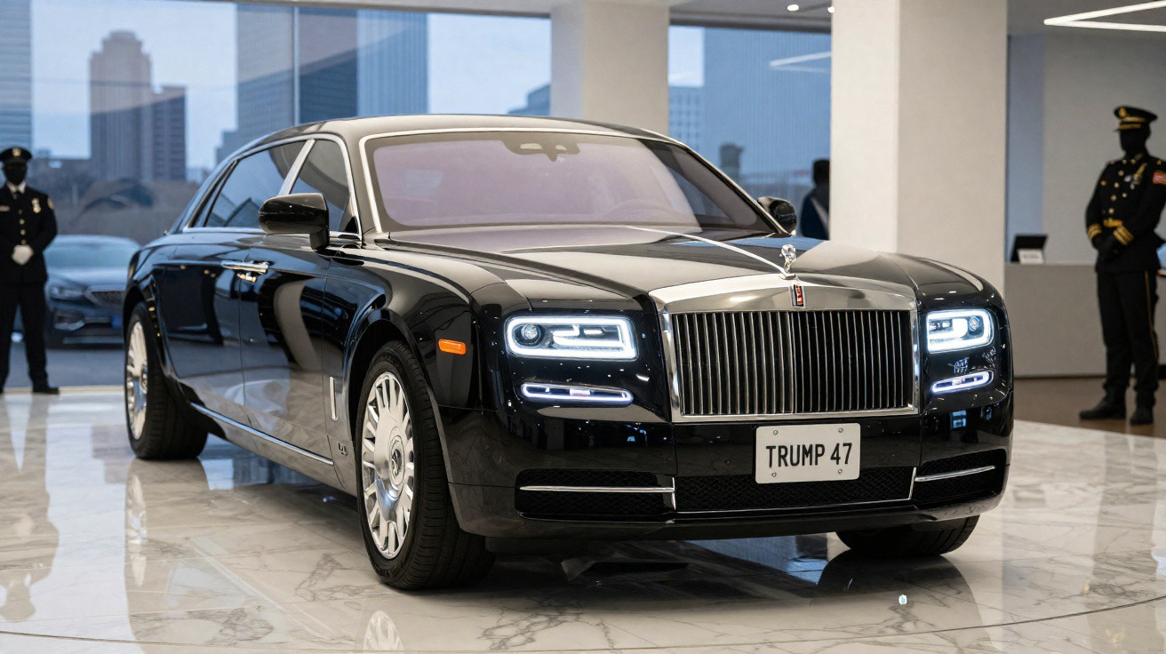 Limusine preta Rolls-Royce parada em salão com placa personalizada "TRUMP 47".