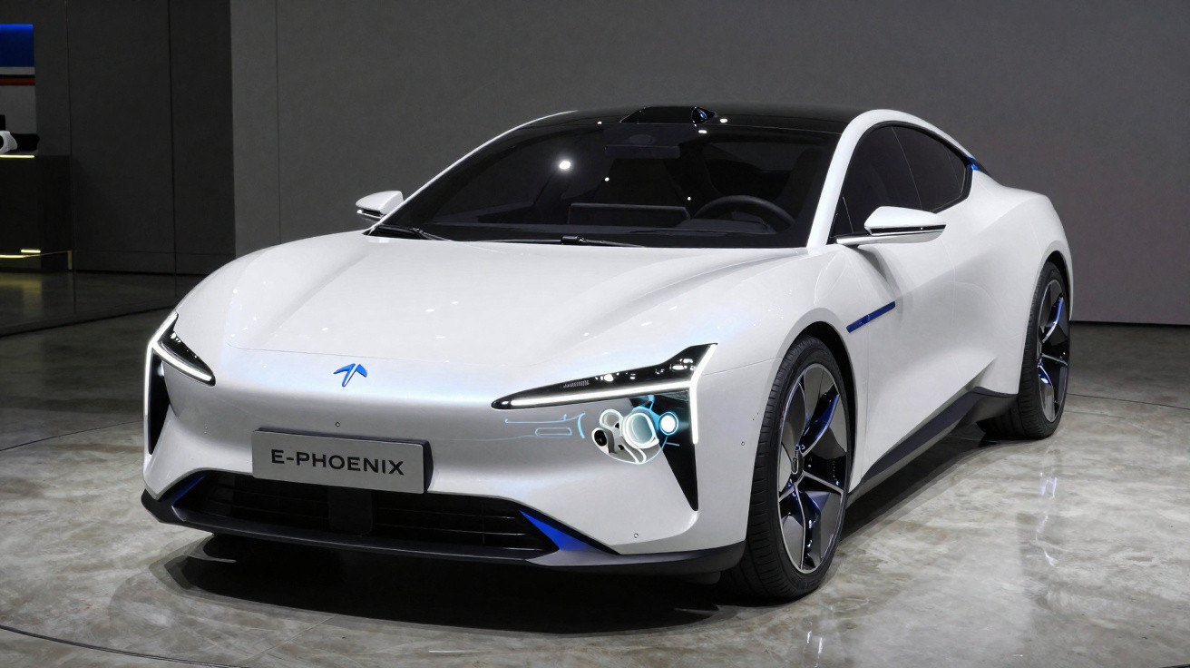 Carro elétrico branco E-Phoenix em exposição, design moderno e futurista em ambiente interno.