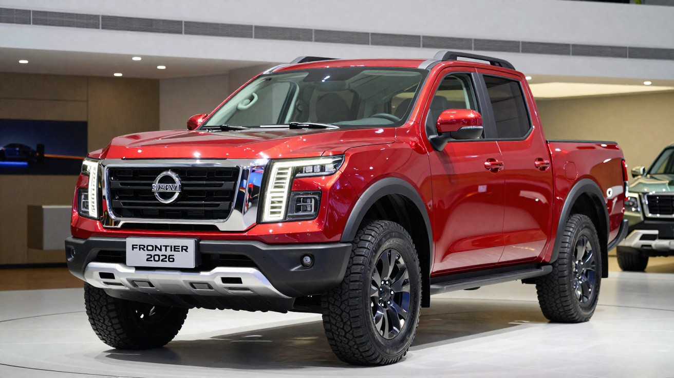 Picape Nissan Frontier 2026 vermelha exibida em salão de automóveis com iluminação interna branca.