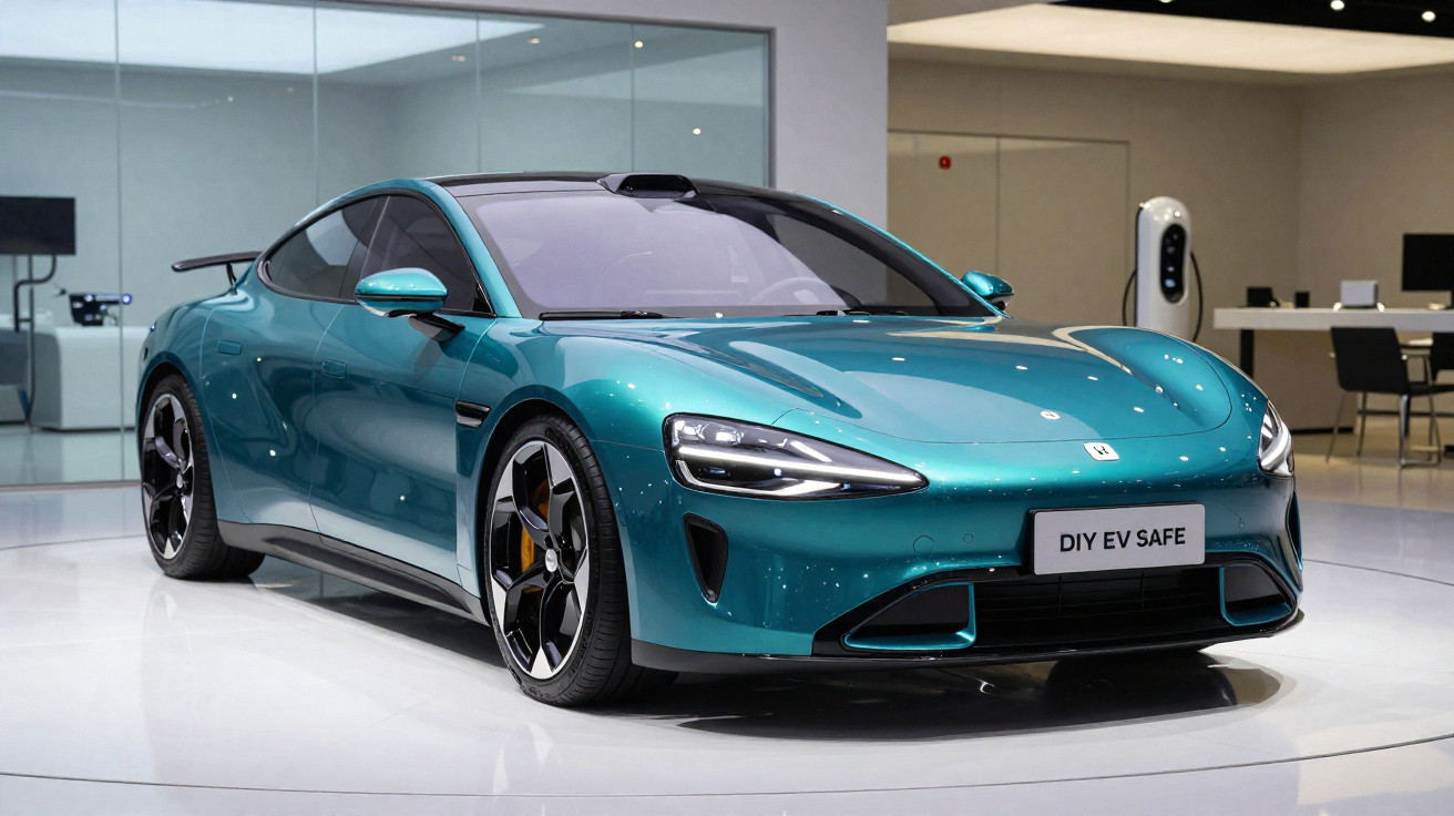 Carro elétrico esportivo azul metálico exibido em estande moderno e iluminado com piso branco.