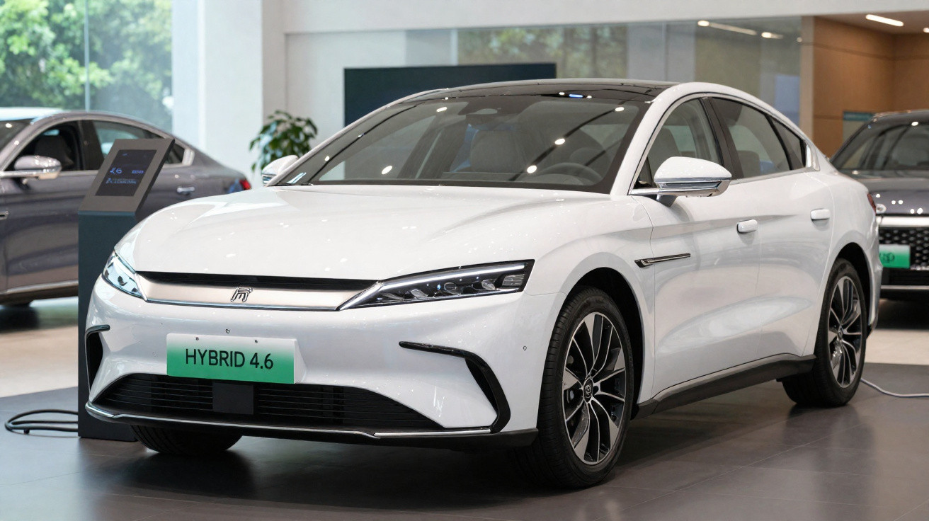 Carro branco híbrido moderno exposto em showroom com placa indicando modelo Hybrid 4.6.