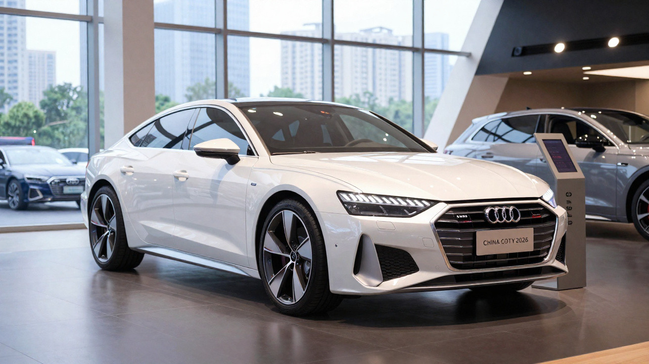 Carro branco Audi sedan moderno em exposição dentro de showroom com modelos ao fundo.