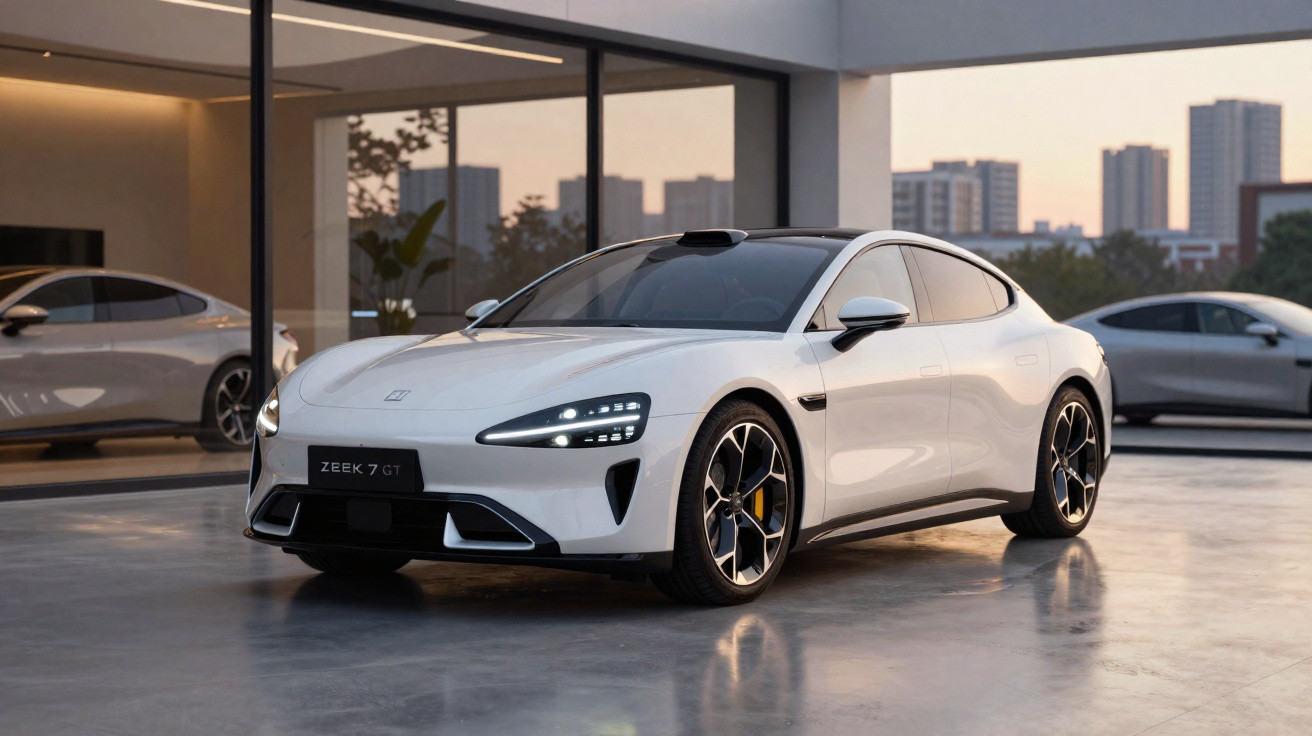 Carro elétrico branco Zeek 7 GT estacionado em showroom com piso de concreto e grandes janelas.