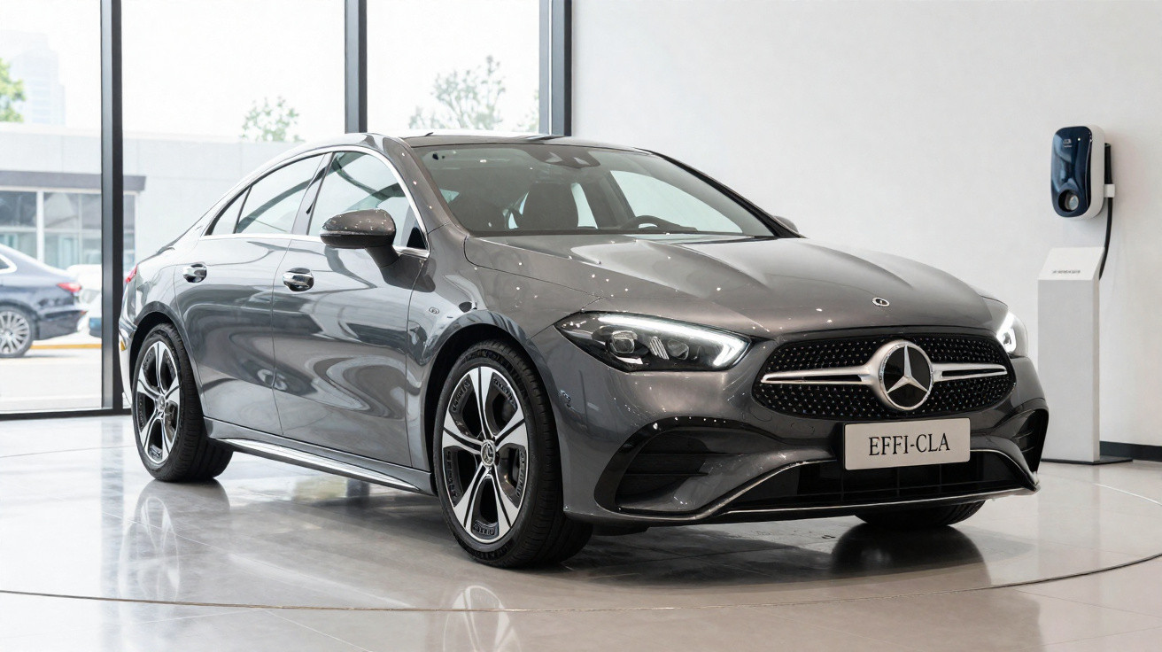 Carro cinza Mercedes-Benz EFFI-CLA estacionado em sala branca com piso espelhado.