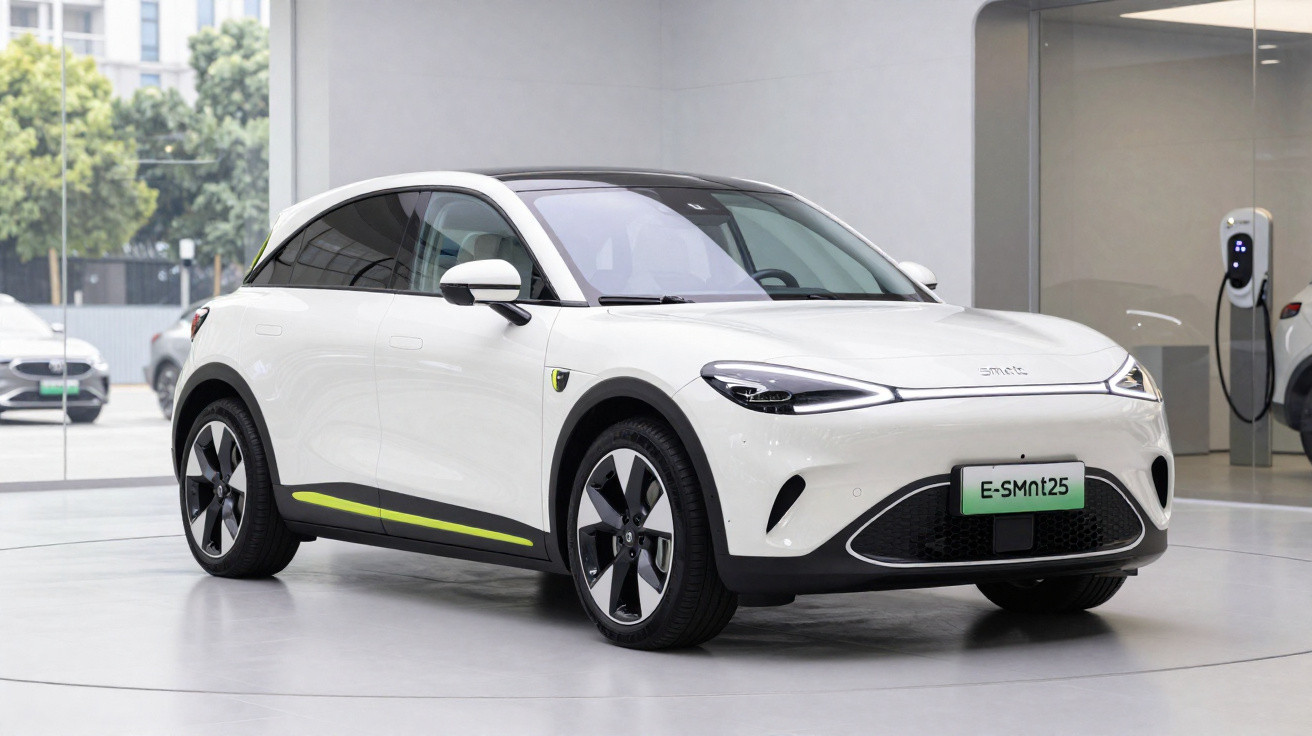 Carro elétrico branco com detalhes verdes estacionado em showroom ao lado de carregador.