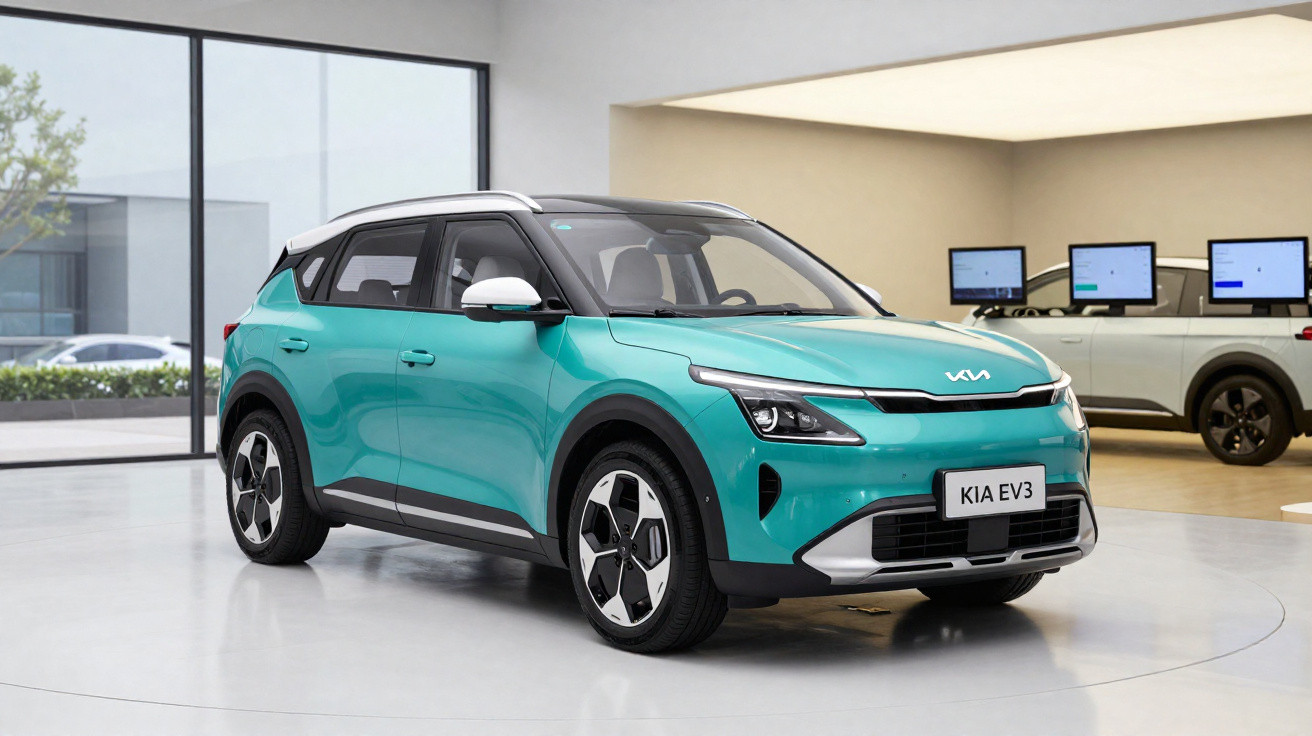 SUV elétrico Kia EV3 verde água exibido em showroom moderno com paredes claras e janelas grandes.
