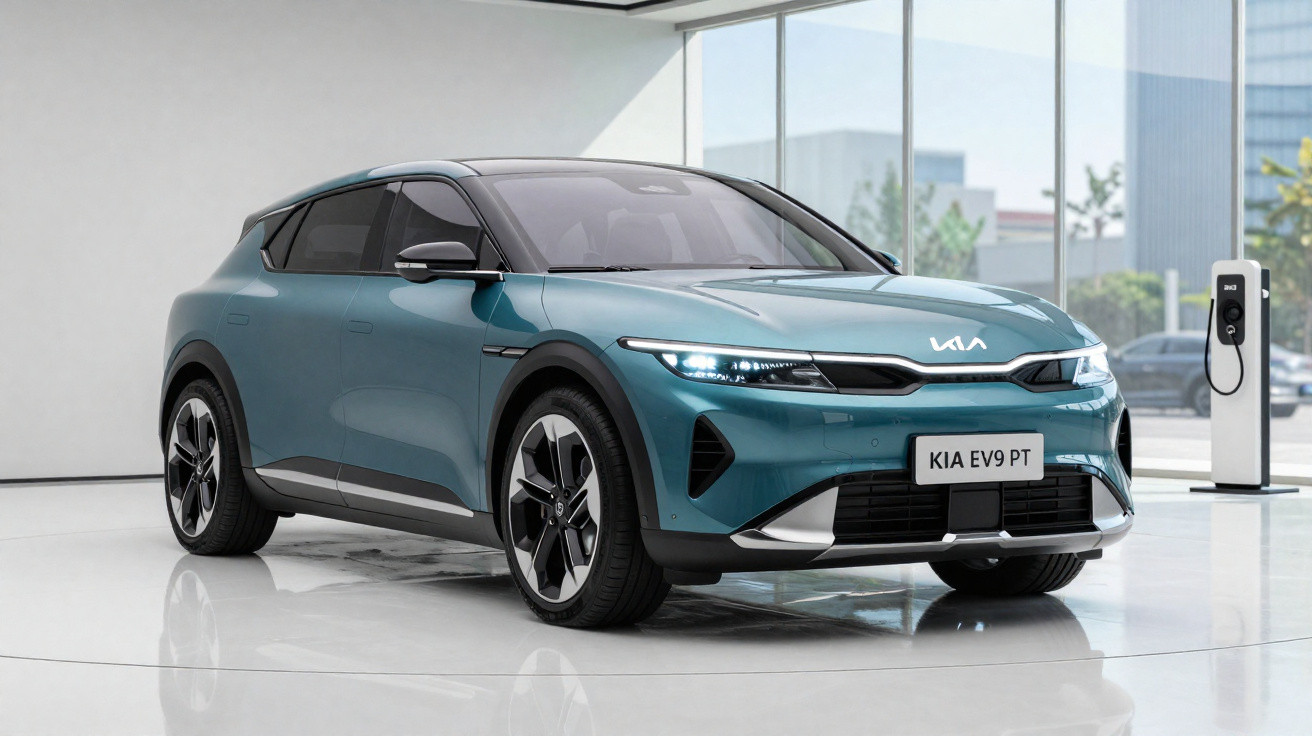 Carro elétrico Kia EV9 verde em ambiente interno moderno, próximo a estação de recarga.