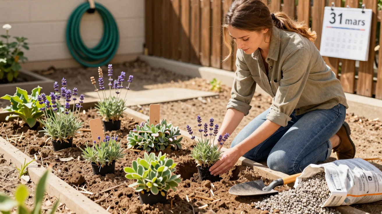 Mulher ajoelhada plantando flores em canteiro de jardim em área externa ensolarada.