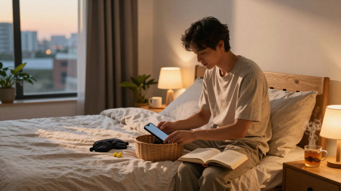 Homem sentado na cama à noite usando celular, com livro aberto e xícara de chá em mesa ao lado.