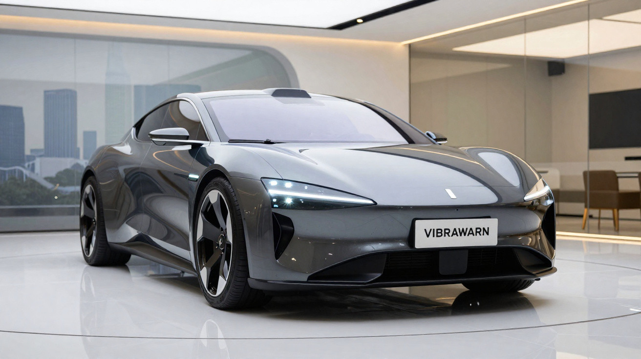 Carro esportivo elétrico cinza escuro exibido em ambiente moderno com parede de vidro e iluminação suave.
