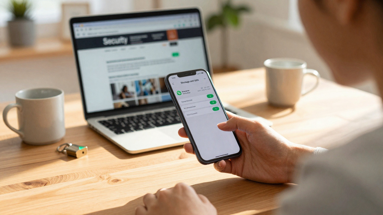 Pessoa segurando celular com app de bloqueio de anúncios aberto, ao lado de computador e xícara de café.