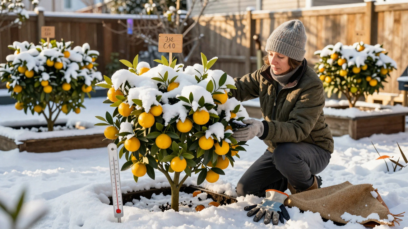 Pessoa agachada cuidando de laranjeira com frutas e neve em jardim ao ar livre no inverno.